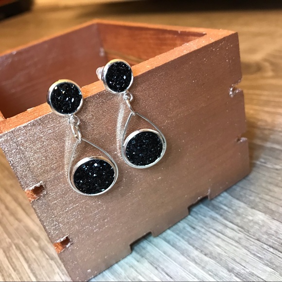 Jewelry - Black Druzy 2-Stone Dangle Earrings